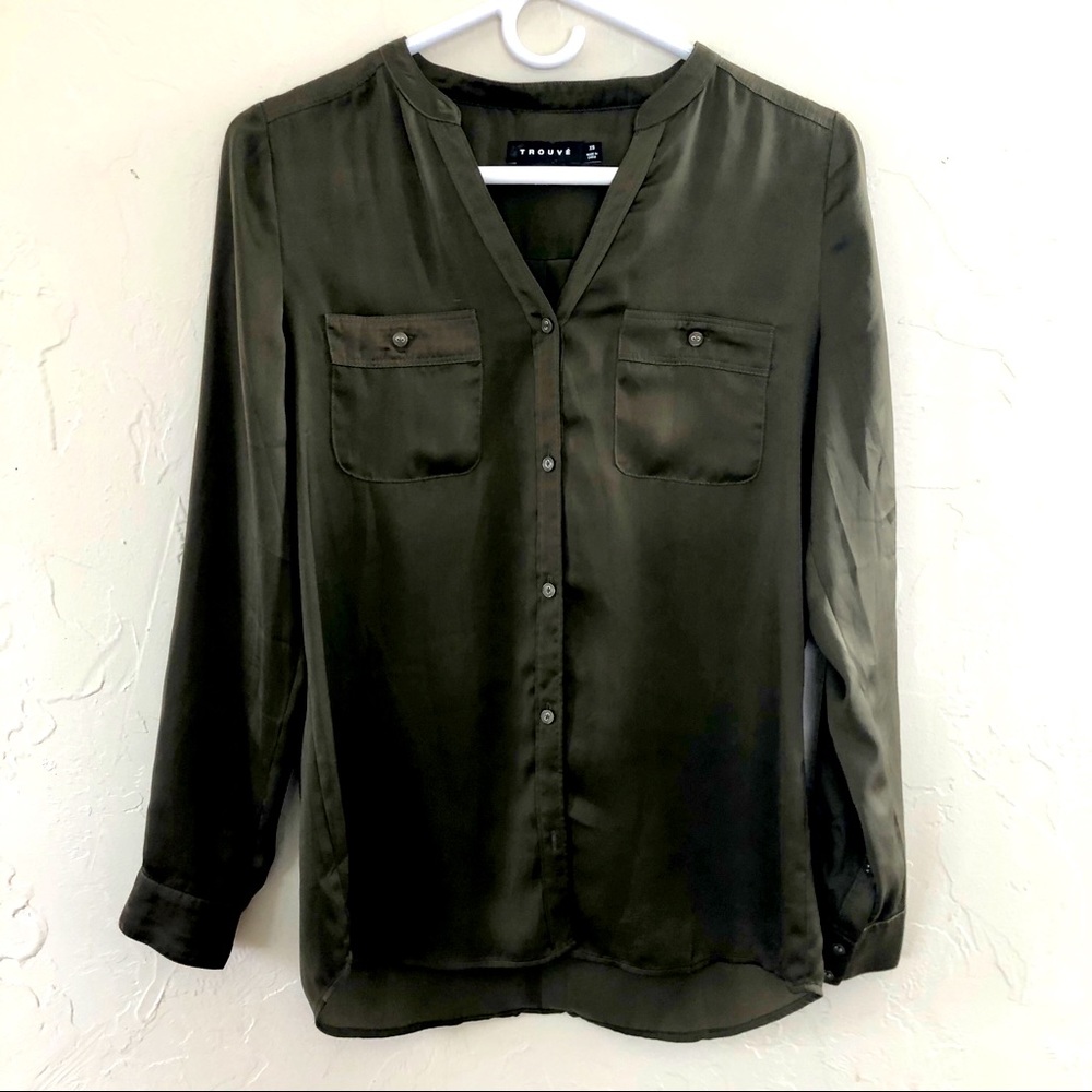 Trouve Silky Button Down Blouse Army Green XS